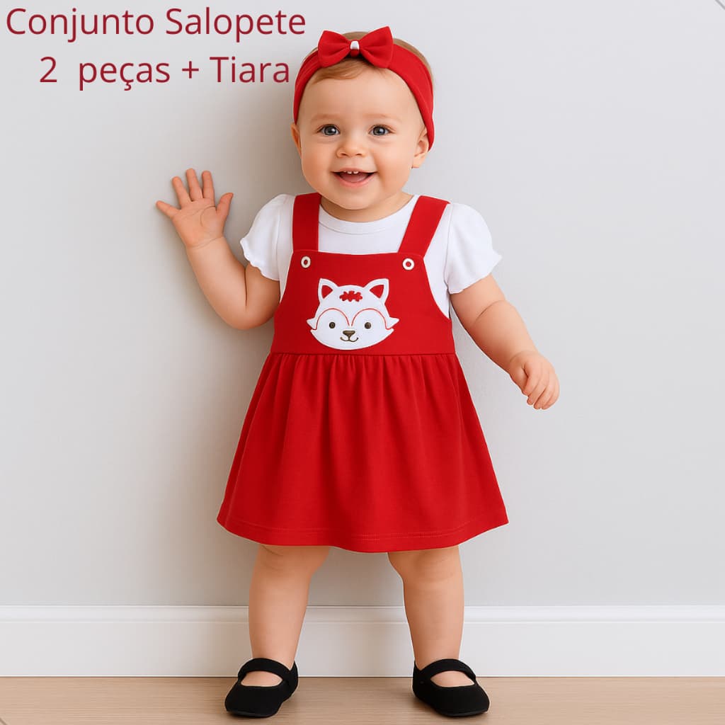 Conjunto Jardineira Bebê Menina Algodão 3 Peças Salopete + Blusinha + Tiara Bordado Roupas de Bebê