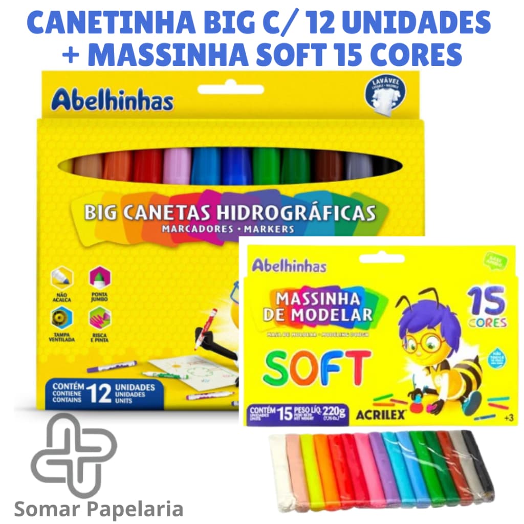 Canetinha Hidrográfica Big +/ou Massinha Soft Acrilex 15 Cores