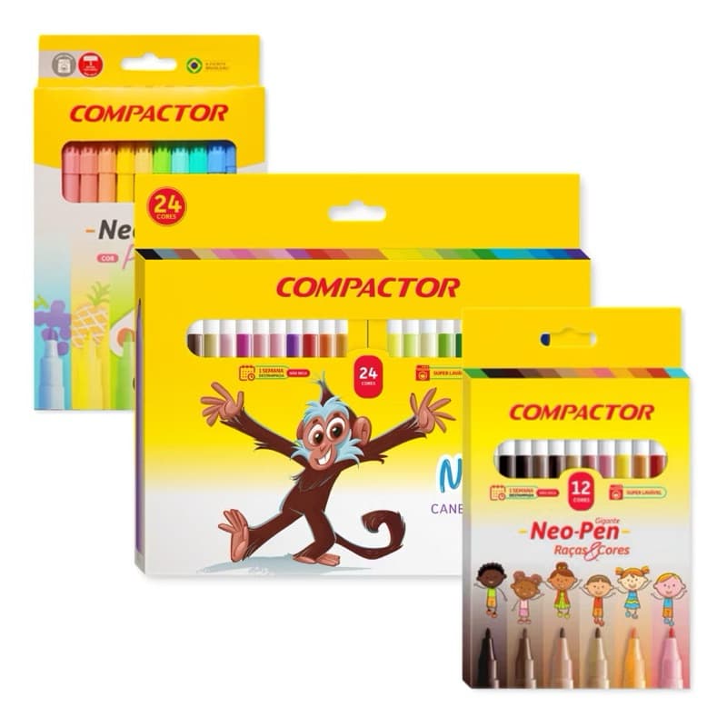 kit Canetinhas coloridas escolar Gigante cores básicas + tom pastel + tons de pele kit 48 cores - Compactor - Praticidad