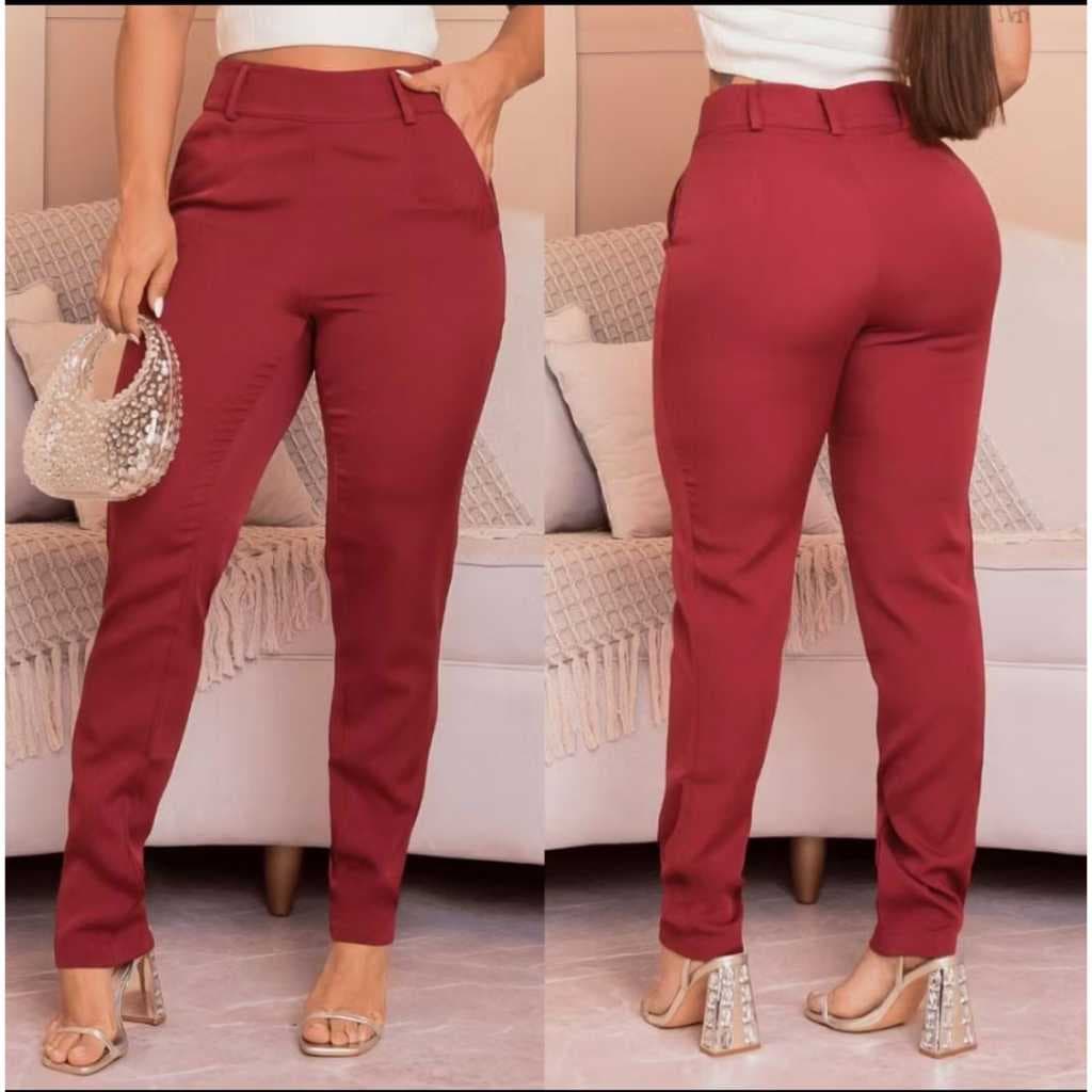 Calça Bengaline Social Femenina Lycra Cintura Alta Trabalho Con Bolsos e Ziper Lateral