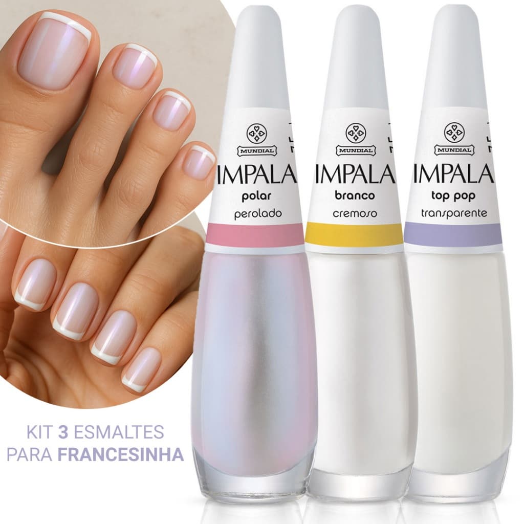 Kit Francesinha 3 Esmaltes Impala para Unhas Francesinha Alta Cobertura Longa Duração Secagem Rápida