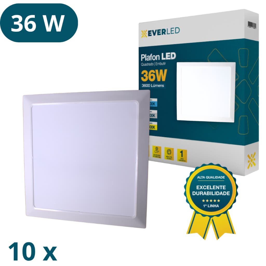 Kit 10 Plafon Led Embutir 36w 40x40 Branco