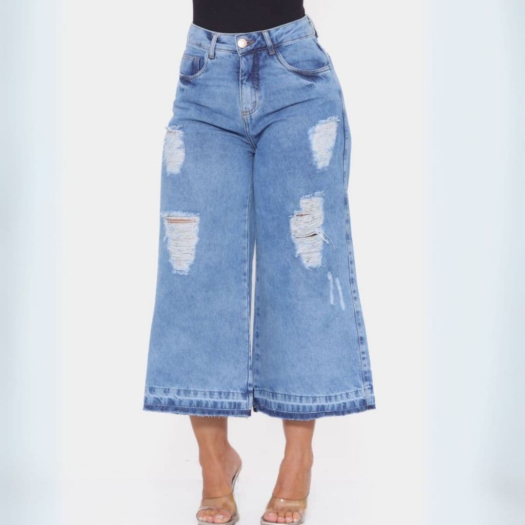 Calça Jeans  Wide Leg Pantacourt  Cos Alto Linha Premium  Wide Leg