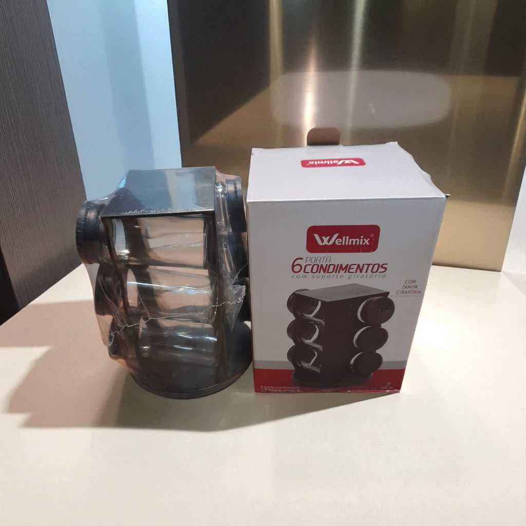 Conjunto 6 Porta Condimentos de Vidro com Suporte Giratório Quadrado Preto - Cozinha Organizada