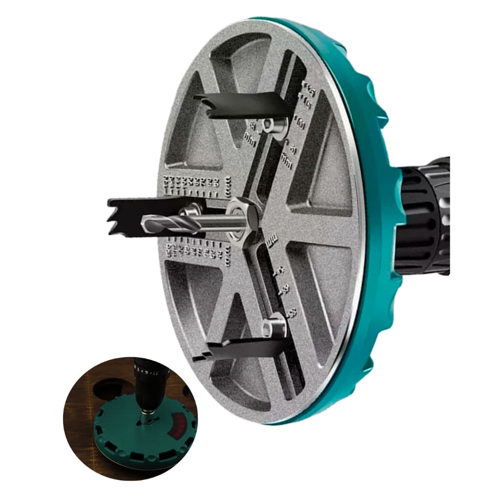 Broca Serra Copo Ajustável Bailarina Fura Drywall Madeira 45-130mm com 3 Cortadores e Broca Guia