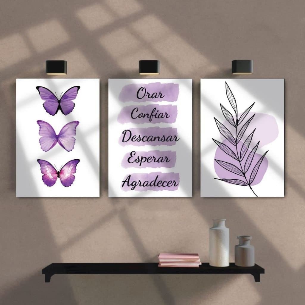 Quadro Decorativo 3 Peças Frase Orar Confiar Descansar Esperar Agradecer Borboleta Flor Floral Lilás