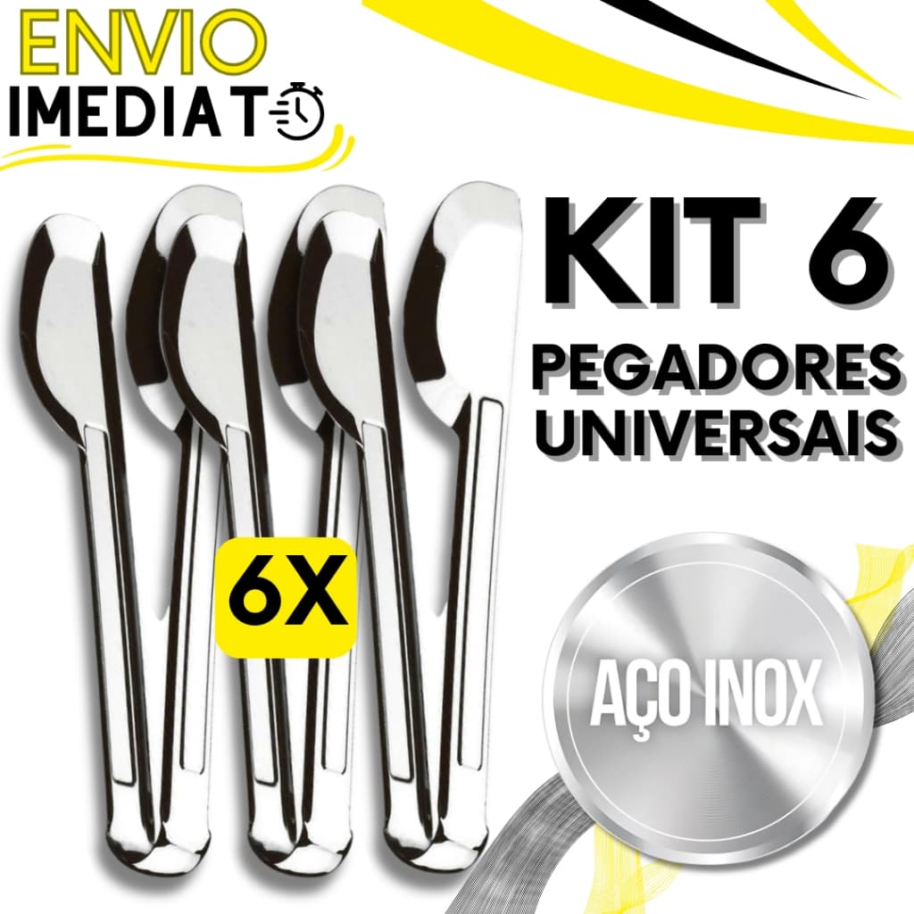 KIT 6 Pegador Pinça Universal Aço Inox PREMIUM de Churrasco Salada Massa Comida para Casa Cozinha Buffet Restaurante