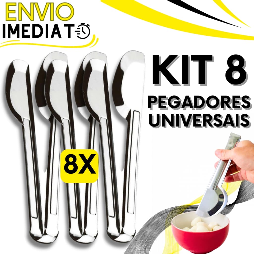 KIT 8 Pegador Pinça Universal Aço Inox PREMIUM de Churrasco Salada Massa Comida para Casa Cozinha Buffet Restaurante