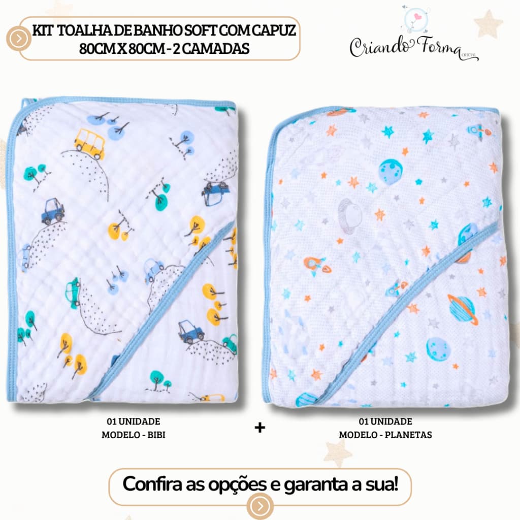 Kit com 2 Toalhas de Banho Soft com Capuz - 2 Camadas de Fralda - Tecido 100% Algodão - 80cm x 80cm