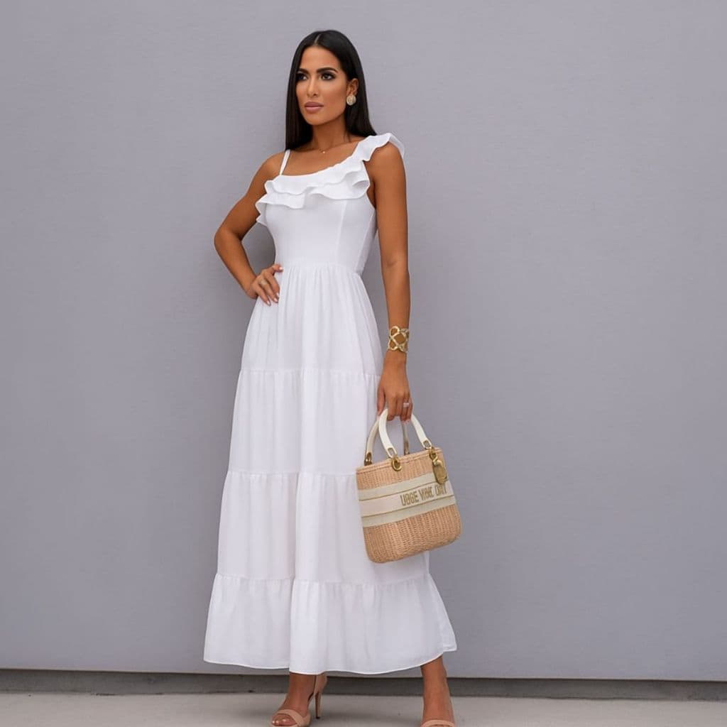 Vestido Longo Elegante Feminino De Algodão Manga Ombro Único Multiuso Saia Rodada Envio Imediato