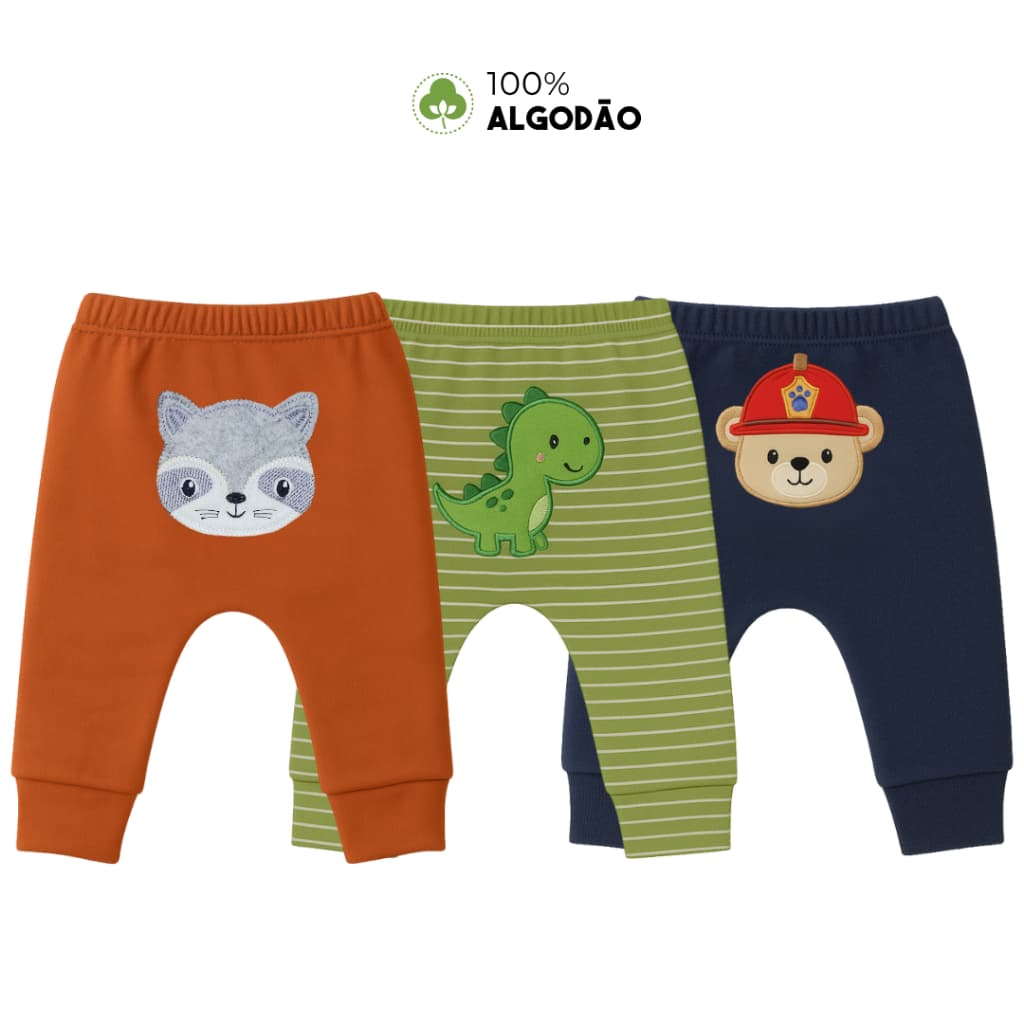 Kit 03 Peças Mijao Menino Bebe Estampado Bichinho Bordado Sortido 100% ALGODAO