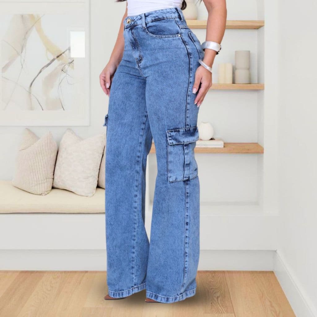 Calça Cargo Wide Leg Jeans Feminina Pantalona Cintura Alta Marmorizada 100% bolsos Tecido Grosso