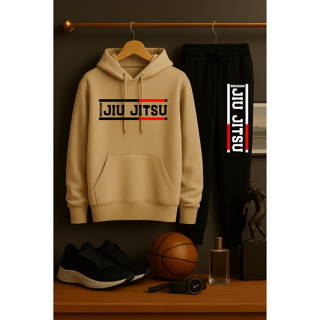 Conjunto Moletom Bege e Preto ou Blusa de Frio Flanelada Bege Academia Lutas Marciais Jiu Jitsu Esportivo Unissex