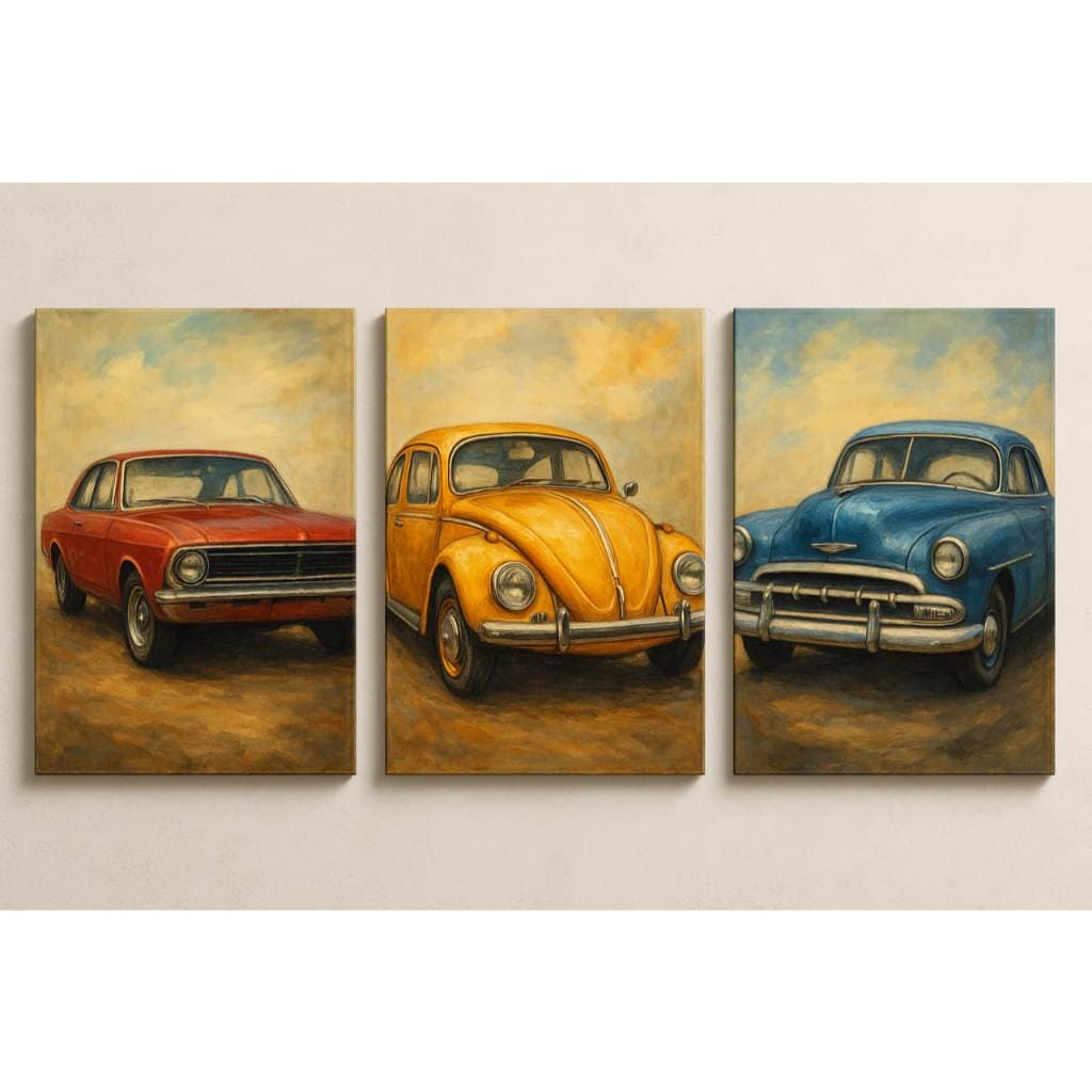 Quadros Decorativos 3p carros antigos desenho decoração quarto sala