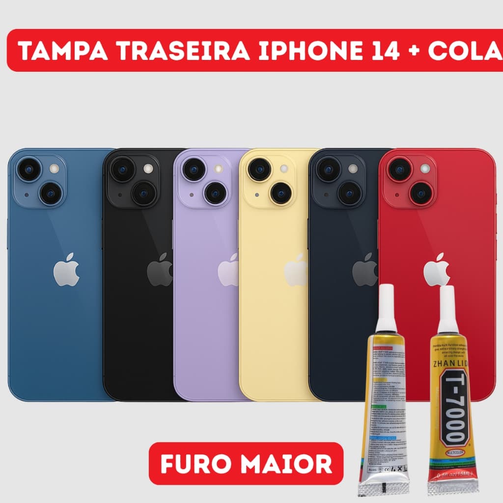 Vidro Traseiro Compatível iPhone 14 Tampa Traseira + Cola Aleatório B7000 Ou T7000 15ml
