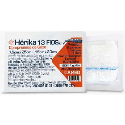 Kit 10 PACOTES C/ 5 UNIDADES Compressa de Gaze Estéril C/Fio Radiopaco 13 Fios Hérika
