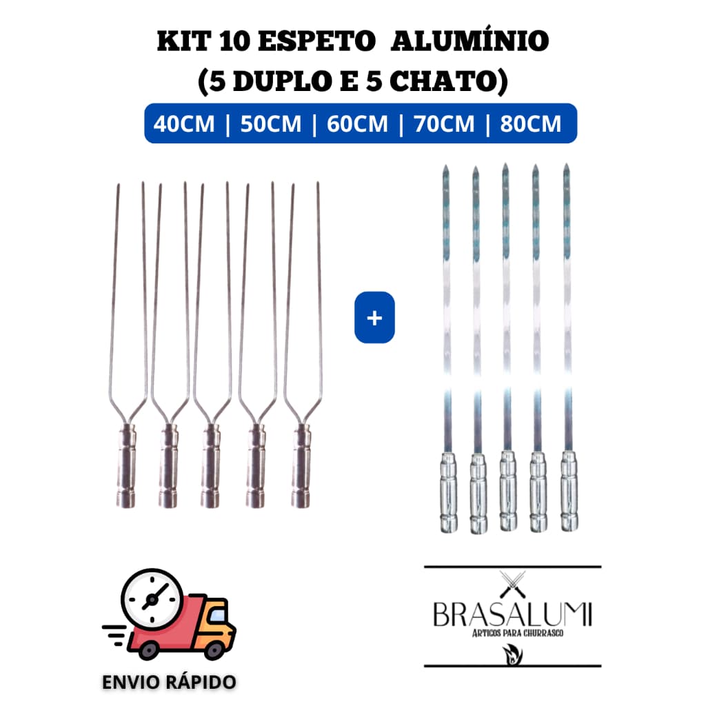 10 ESPETO PARA CHURRASCO EM ALUMÍNIO (5 DUPLO E 5 CHATO)