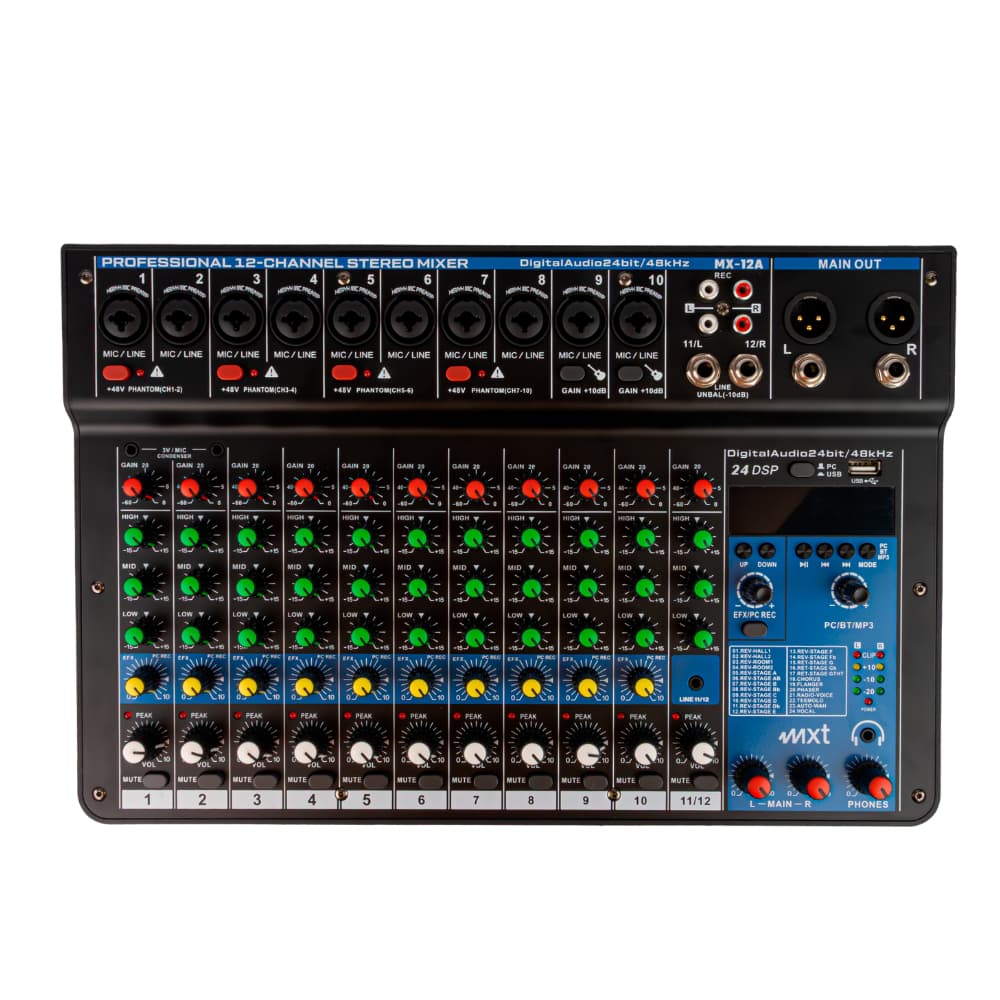 Mesa de Som 12 Canais MXT MX-12A Mixer DJ USB Bluetooth MP3 24 Efeitos DSP XLR 24Bits 48kHz Equalizador Profissional