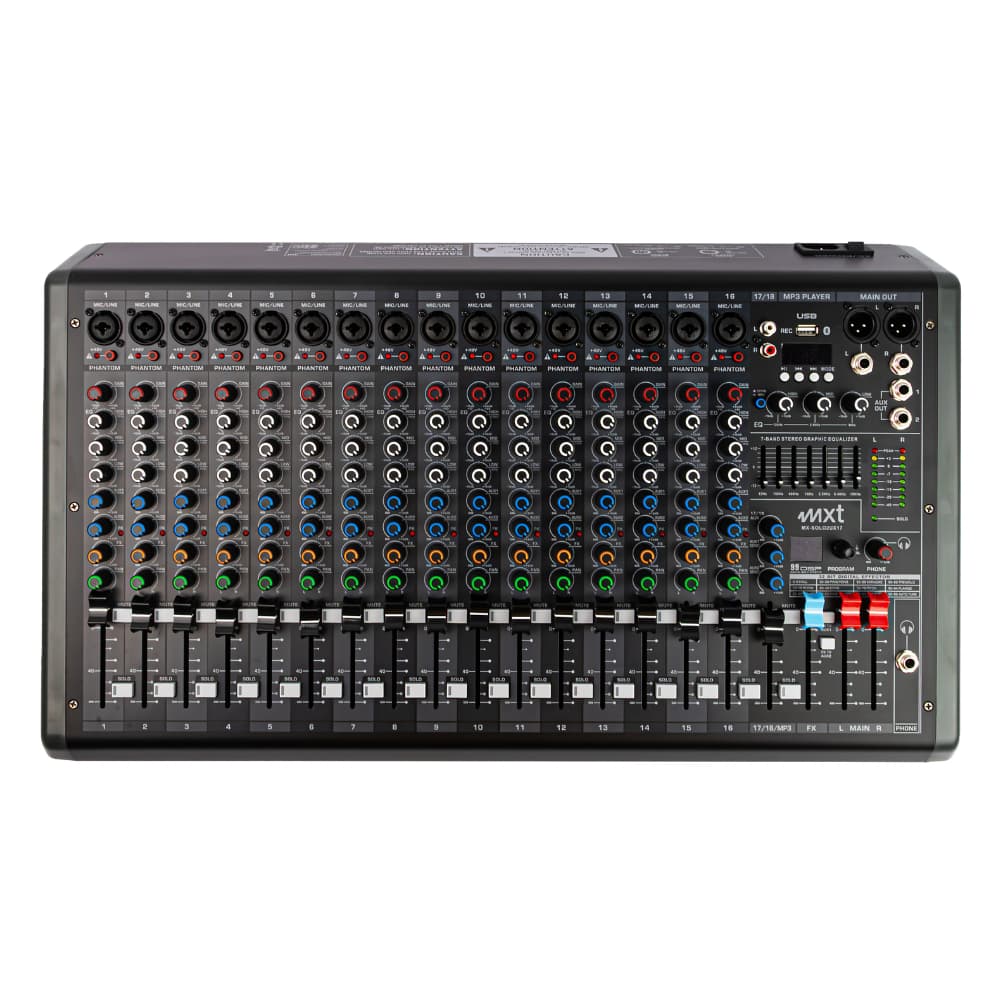 Mesa de Som Profissional 17 Canais MXT USB Bluetooth MP3 DSP 99 Efeitos XLR 48V Phantom Pendrive Gravação Loopback Mixer