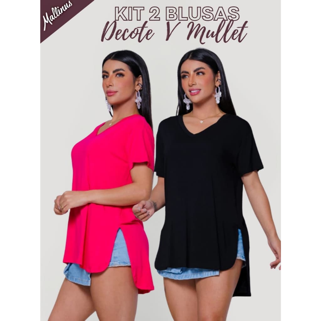 Kit 2 Blusa Feminina Decote V Modelagem Soltinho Mullet Com Fenda Lateral
