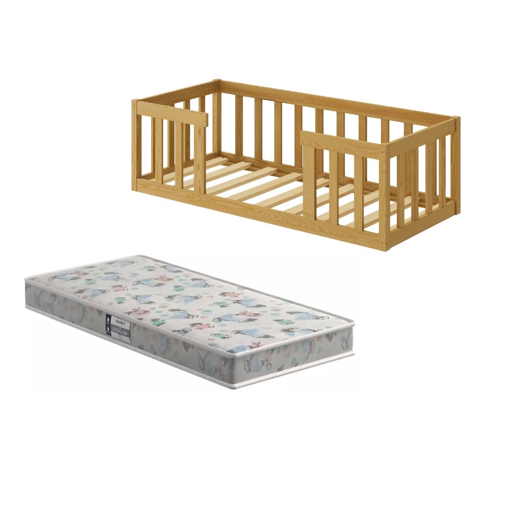 Cama Infantil Montessoriana com Colchão Grade de Proteção Lateral Madeira Menino ou Menina