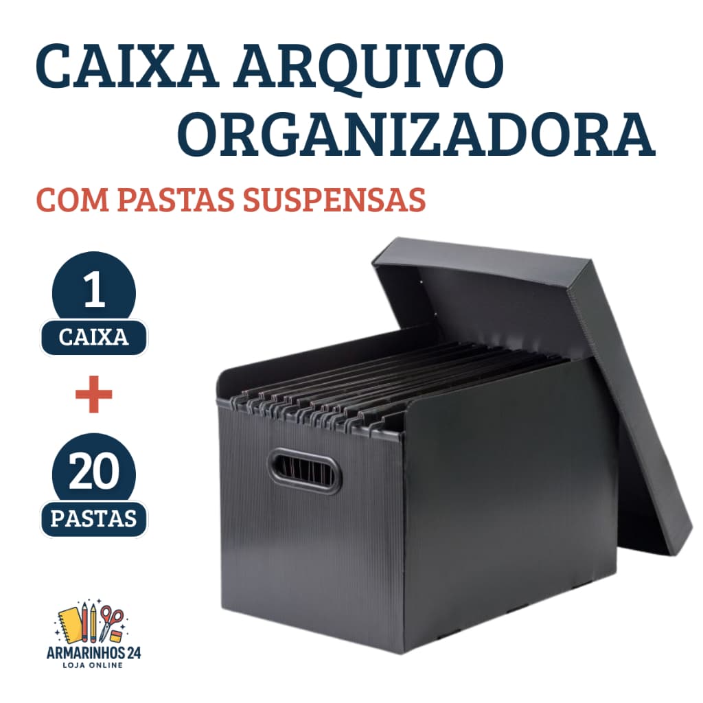 Caixa Organizadora Plástica de Arquivo Pasta Suspensa Preta A4 Com Tampa Kit 1 Caixa + 20 Pastas