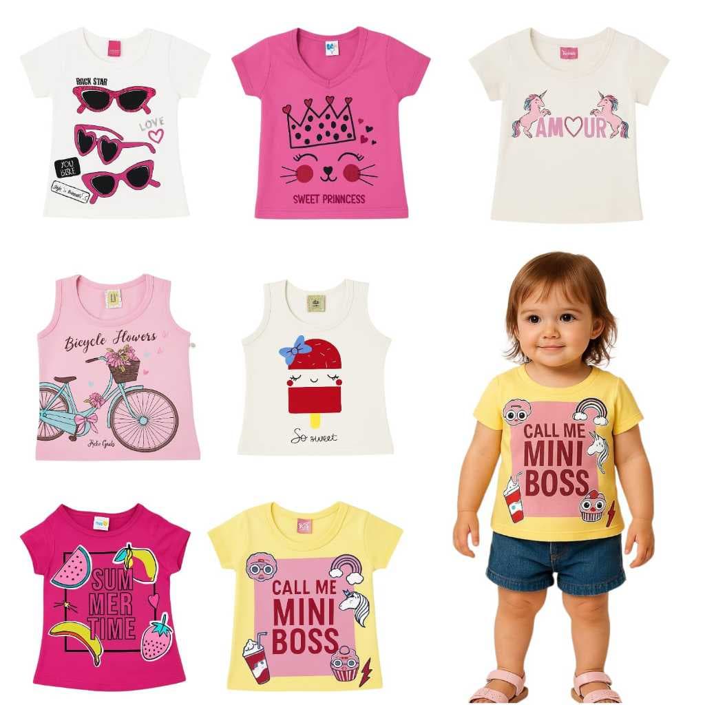 Kit 10 Camisetas Infantil Menina com Estampas Variadas Tamanho 6 a 9 Meses