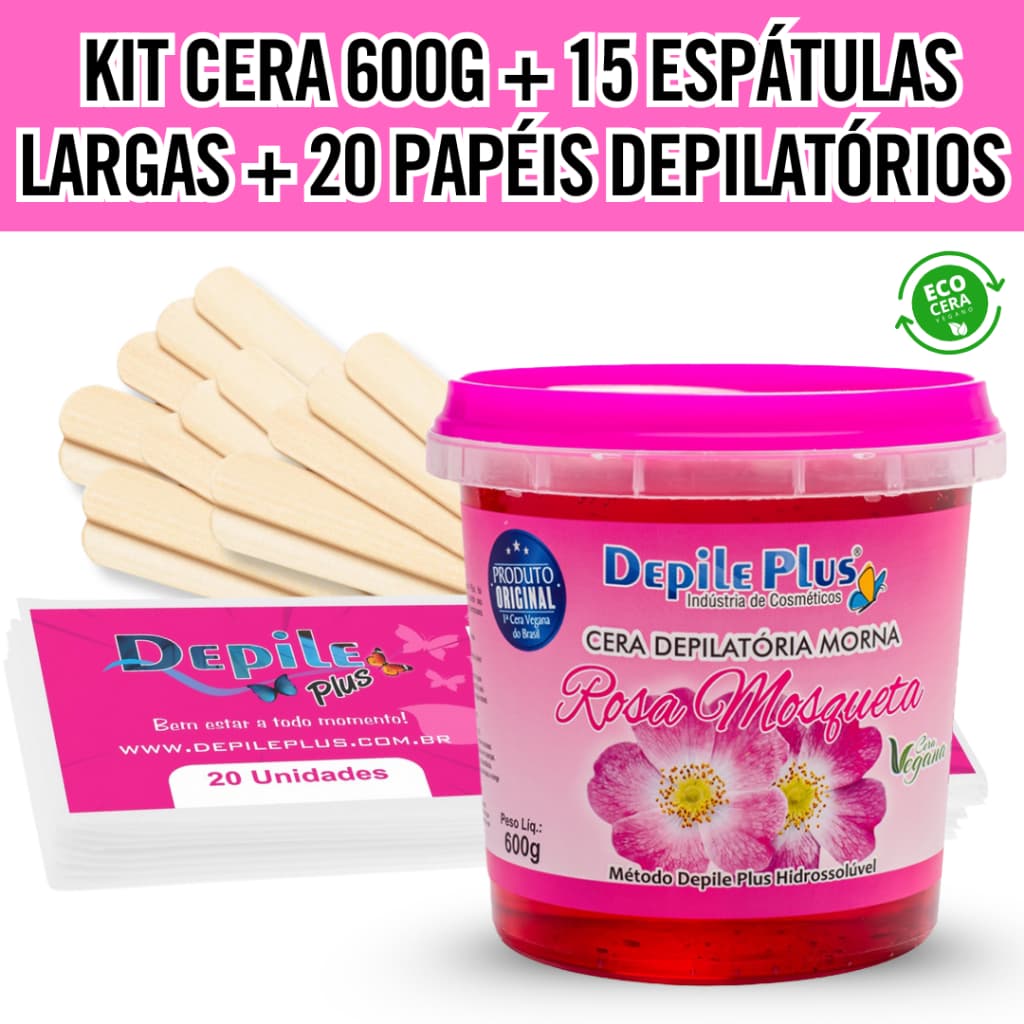Kit Cera Depilatoria Hidrossoluvel Vegana 600g Espátula Larga 15 Unidades Papel Depilatorio 20 Unidades