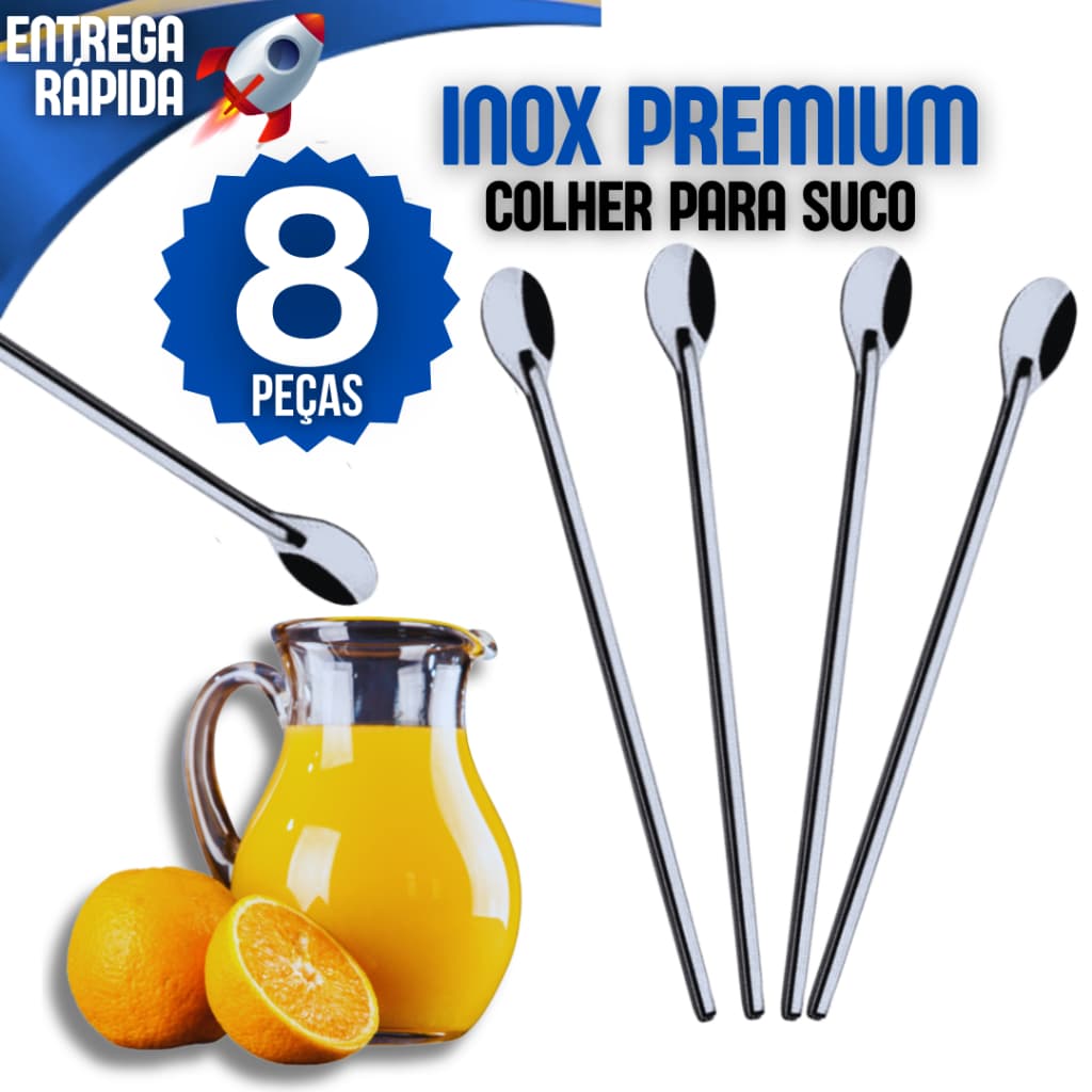 Kit 8 Colheres Grandes de 30cm Aço Inox Colher Para Sucos Drinks Milkshakes Bebidas Cozinha Suco