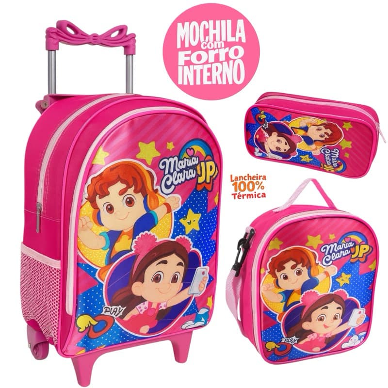 Kit Mochila Maria Clara e JP Feminina de Rodinha  Lancheira Térmica + estojo