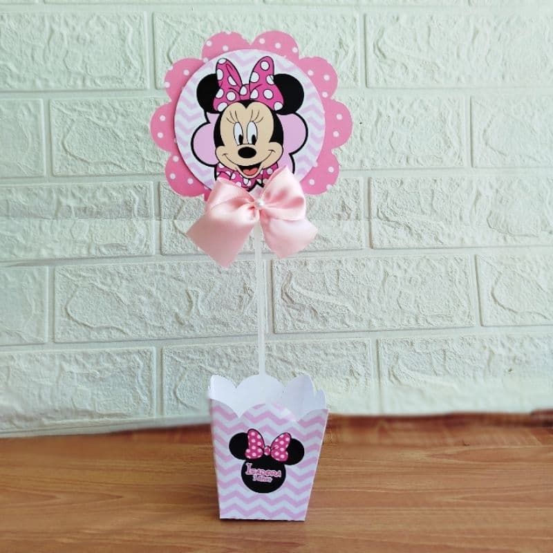 Centro de Mesa Cachepô Lembrancinha Arranjo de Mesa Minnie Rosa Personalizada- Pegue e Monte