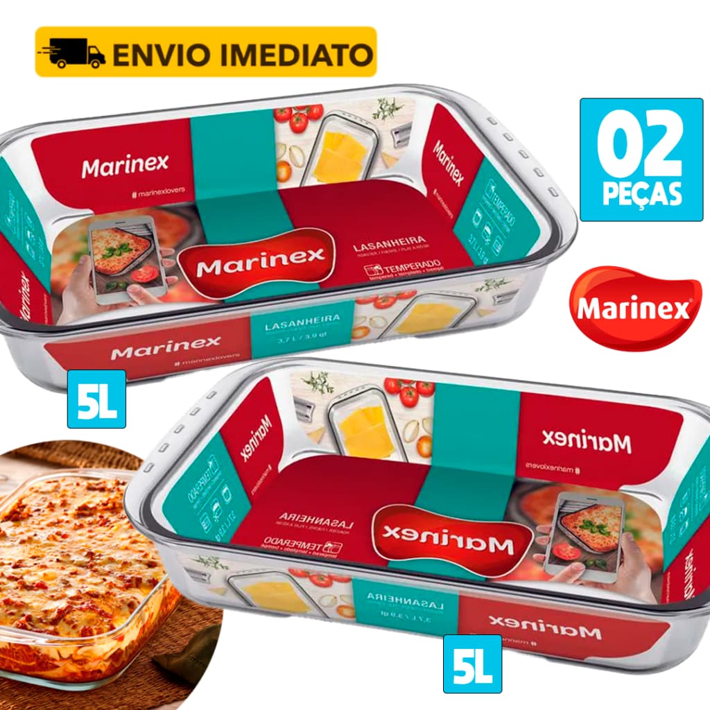 Conjunto de 2 Lasanheira Marinex Assadeiras Vidro Retangular Funda 5L + 5L Forma Refratario Vasilha