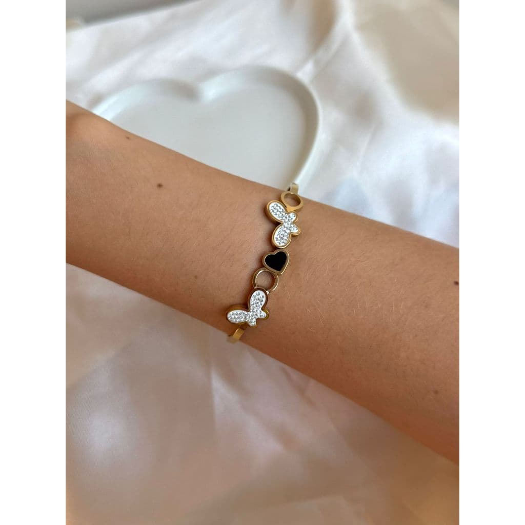 Bracelete Feminino Dourado em Aço Inoxidável Borboleta com Brilho Casual Elegante Moda