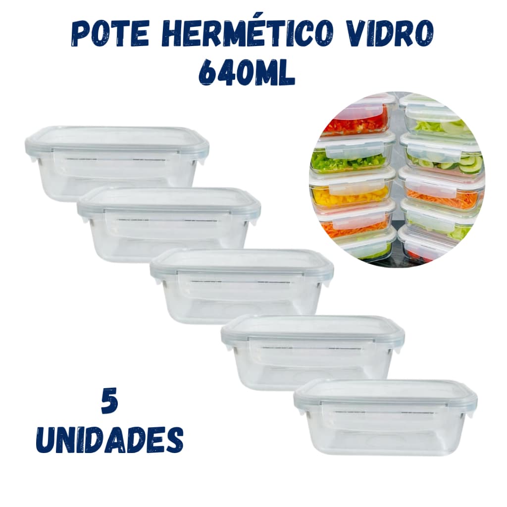 Kit 5 Pote Marmita Vidro Hermético 640ml Conjunto Pote Hermético Tampa 4 Travas