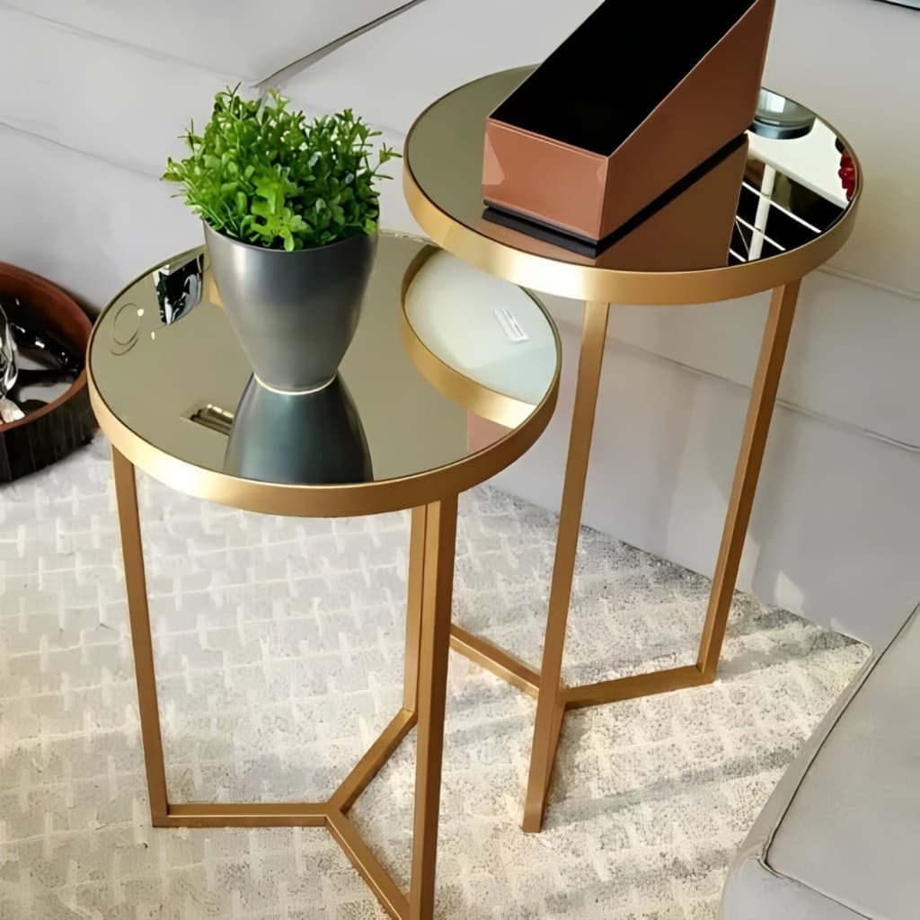 Conjunto de Mesa Lateral Aço Com Espelho Steel Glass Estilo Industrial Mesa de Canto