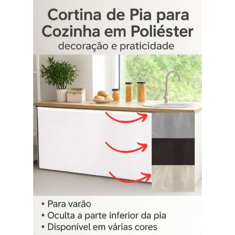 Cortina de Pia Cozinha Poliéster  Várias Cores Decoração e Praticidade