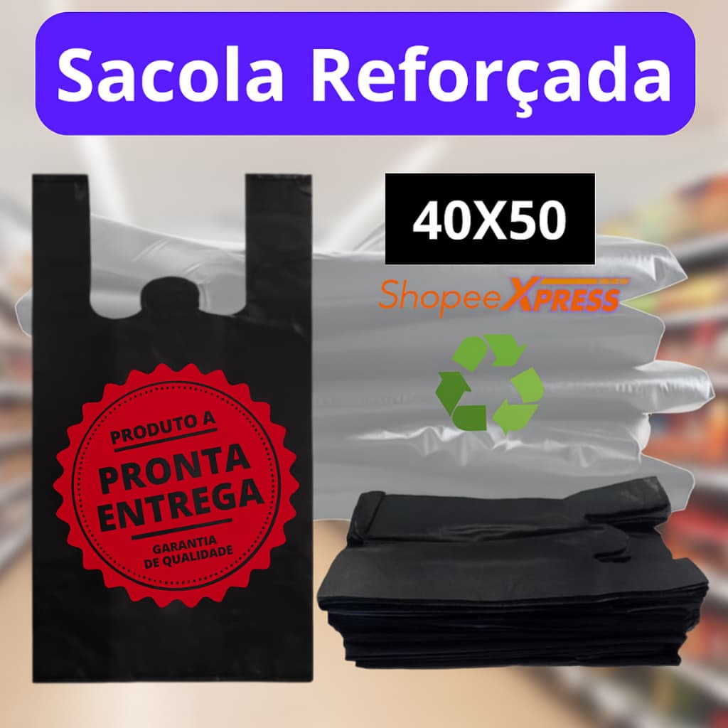 SACOLA PLÁSTICA REFORÇADA 40X50 MERCADO RECICLADA ECOLÓGICA SOLDA DUPLA COM 1, 2, 3, 4 OU 5KG