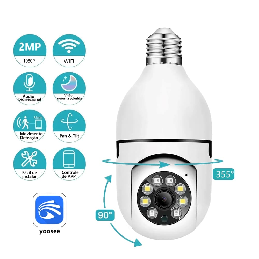 Câmera Vigilância Wi-Fi Soquete E27 - 1080P, Rotação 355°, Visão Colorida à Noite, Detecção Humana, À Prova D'Água, APP