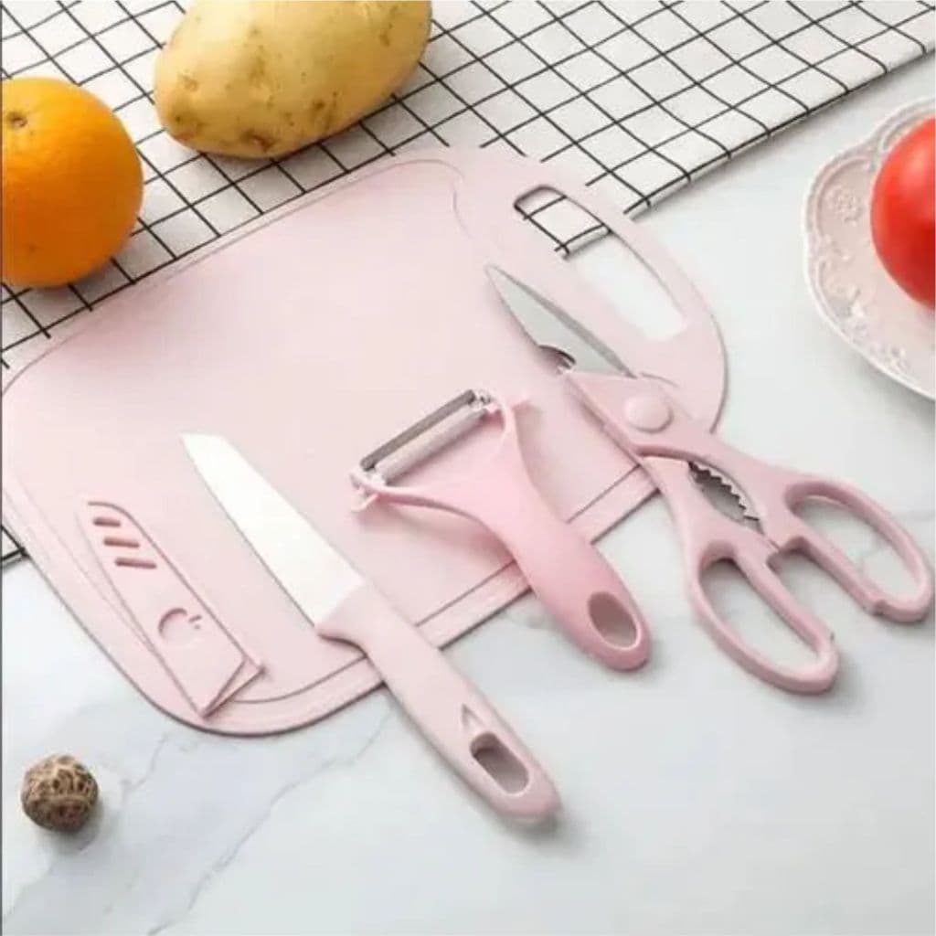 Jogo Kit Conjunto 4 Peças Utensílios de Cozinha Portátil Antiaderente Faca Tesoura Descascador Tábua