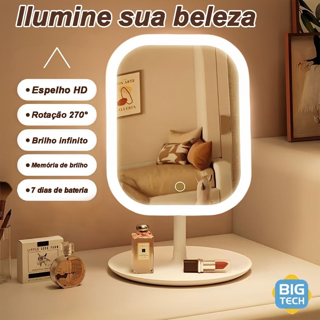Espelho De Maquiagem Inteligente Recarregável Com Luz LED USB Portátil E Dobrável Espelho Compacto Quadrado Branco