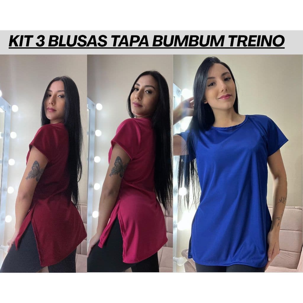 KIT 3 BLUSAS  DRYFIT TAPA BUMBUM ACADEMIA TREINO