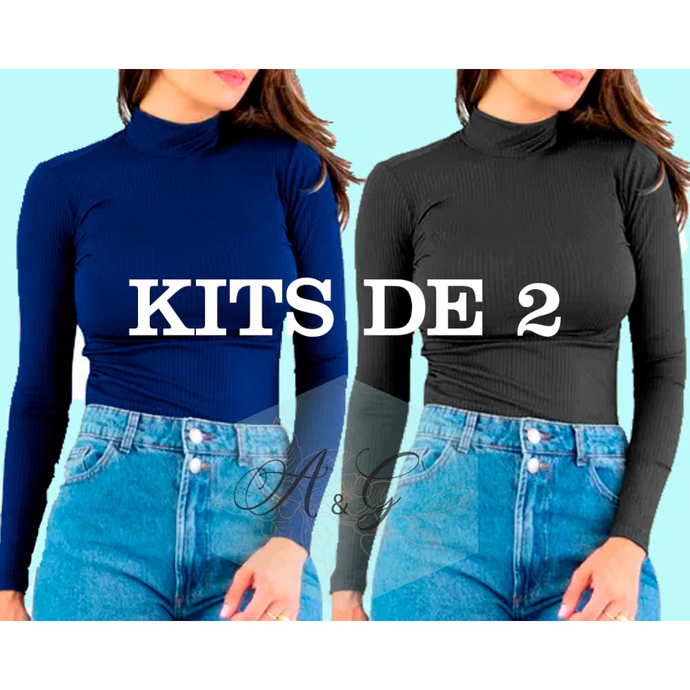 Kit 2 Blusas Femininas Caneladas  Gola Alta Manga Longa Inverno Básico