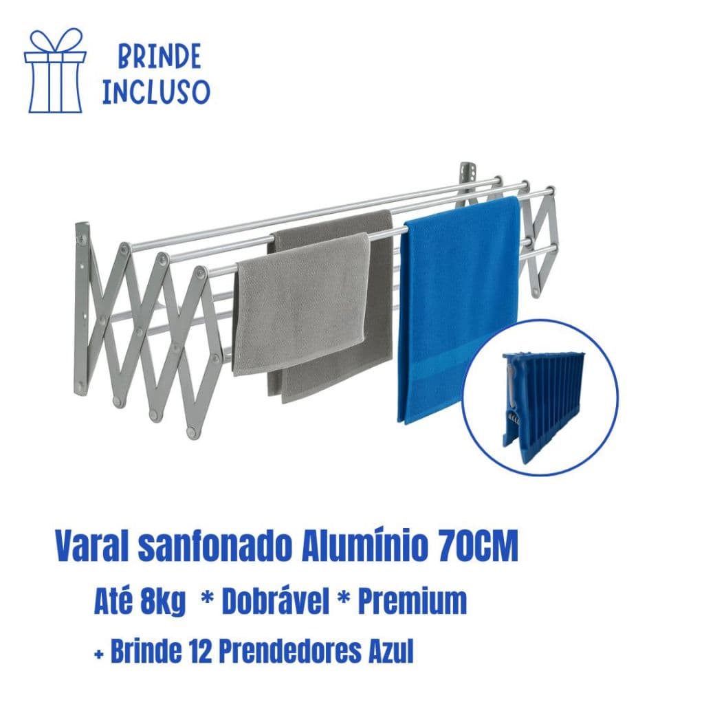 Varal Sanfonado Alumínio 70cm Retrátil Parede – Compacto, Até 8kg + 12 Prendedores Azul