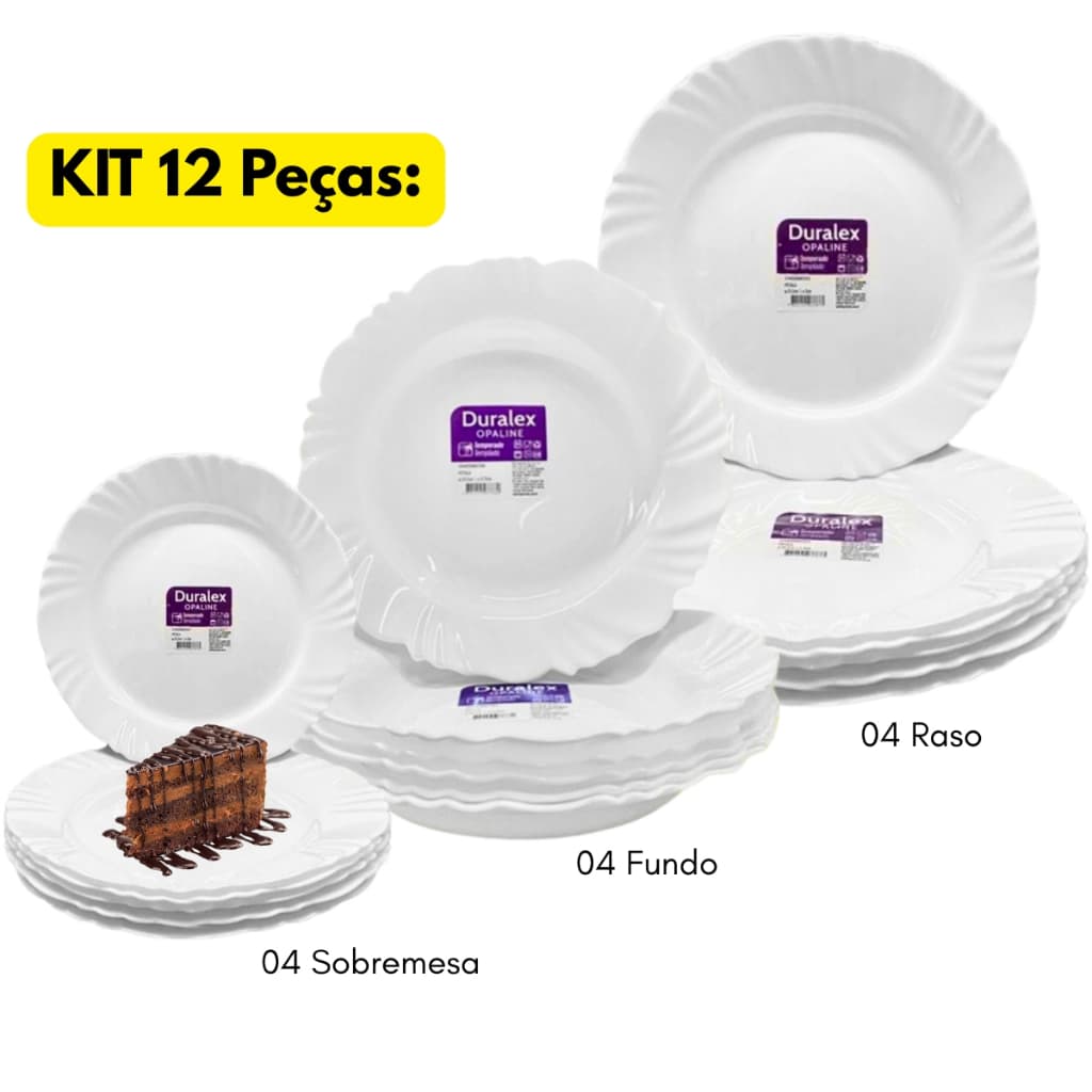 Jogo Kit 12 Pratos 04 Fundo +04 Raso +04 Sobremesa Vidro Pétala Duralex Opaline Branco Jantar Almoço