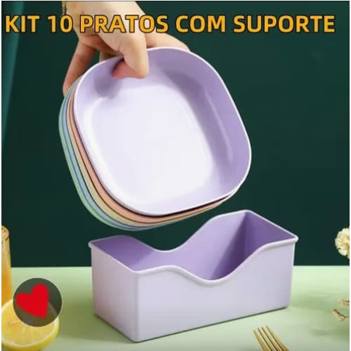 Kit 10 Pratos Coloridos Para Servir + Base Organizador Plásticos Duros Reutilizaveis