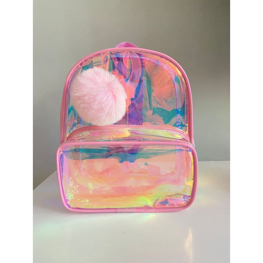 Mochila bolsa transparente holografica menina menino de passeio com pompom varias cores brinde para festa personalizados
