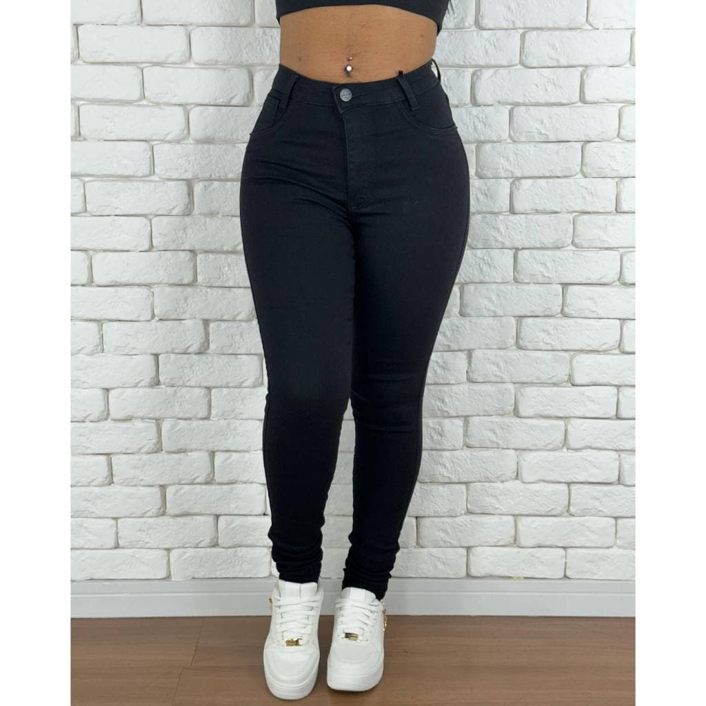 Calça Jeans preta Feminina Cintura Alta Tecido Encorpado Premium