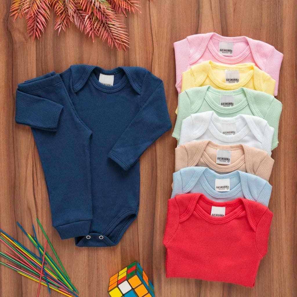Kit 6 Peças Bebê Pagão Canelado Longo 100% Algodão 3 Body 3 Calças