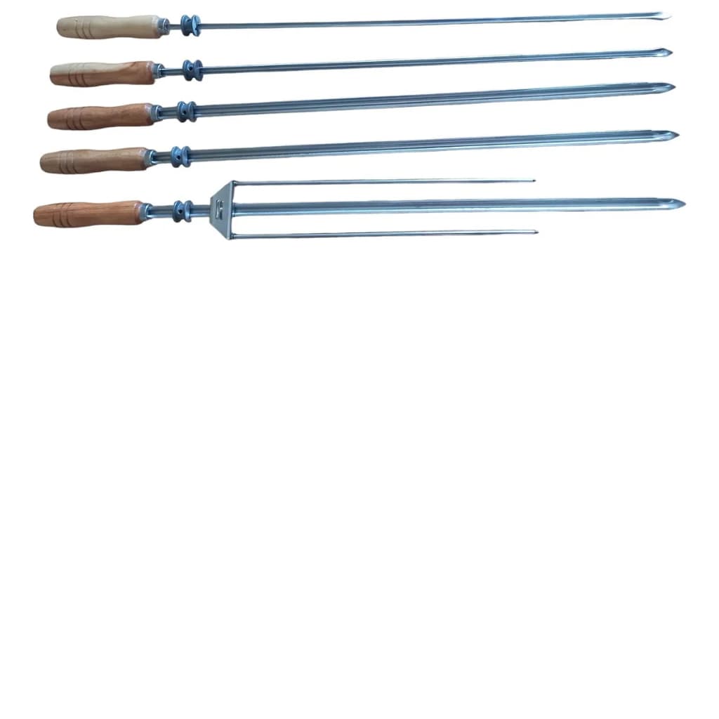 5 Espetos Inox 85cm com roldana móvel - 2 Carne, 2 Coração, 1 carne com Tridente