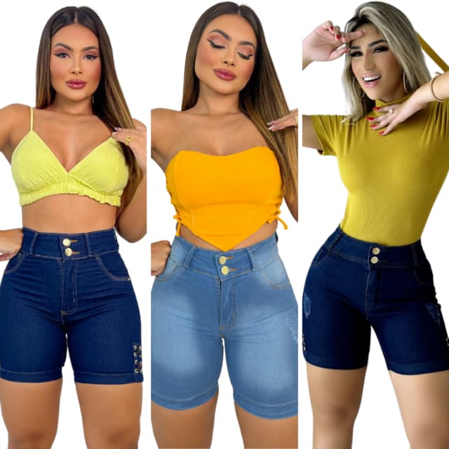 Short Feminino Jeans c/ Ilhós Ciclista Bermuda Cintura Alta Cós Alto ,Sinta-se Linda Algodão com Lycra